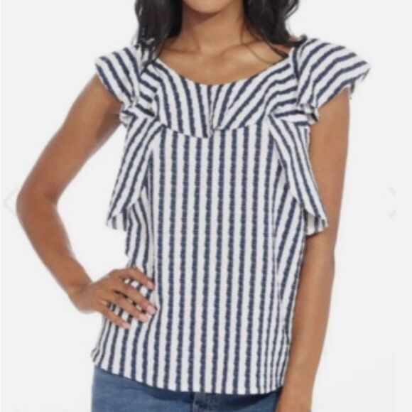 Eva Franco Keely Striped Bow Back Ruffle Top Navy Blue & White Stripe Size XS - Picture 1 of 8
